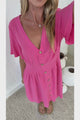 Karin Mini Dress - V Neck Flutter Sleeve Mini with Decorative Front Button Placket in Pink