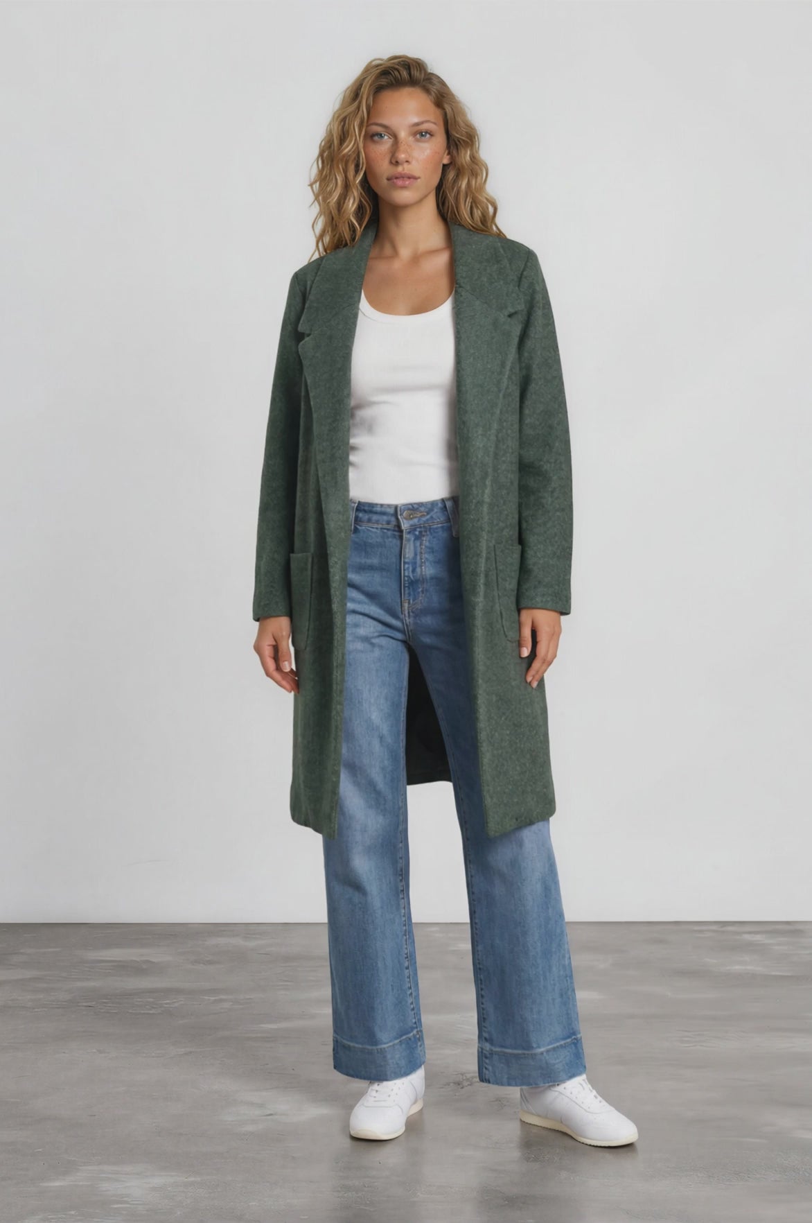 Samson Cardigan - Folded Lapel Collar Coatigan with Pockets in Green