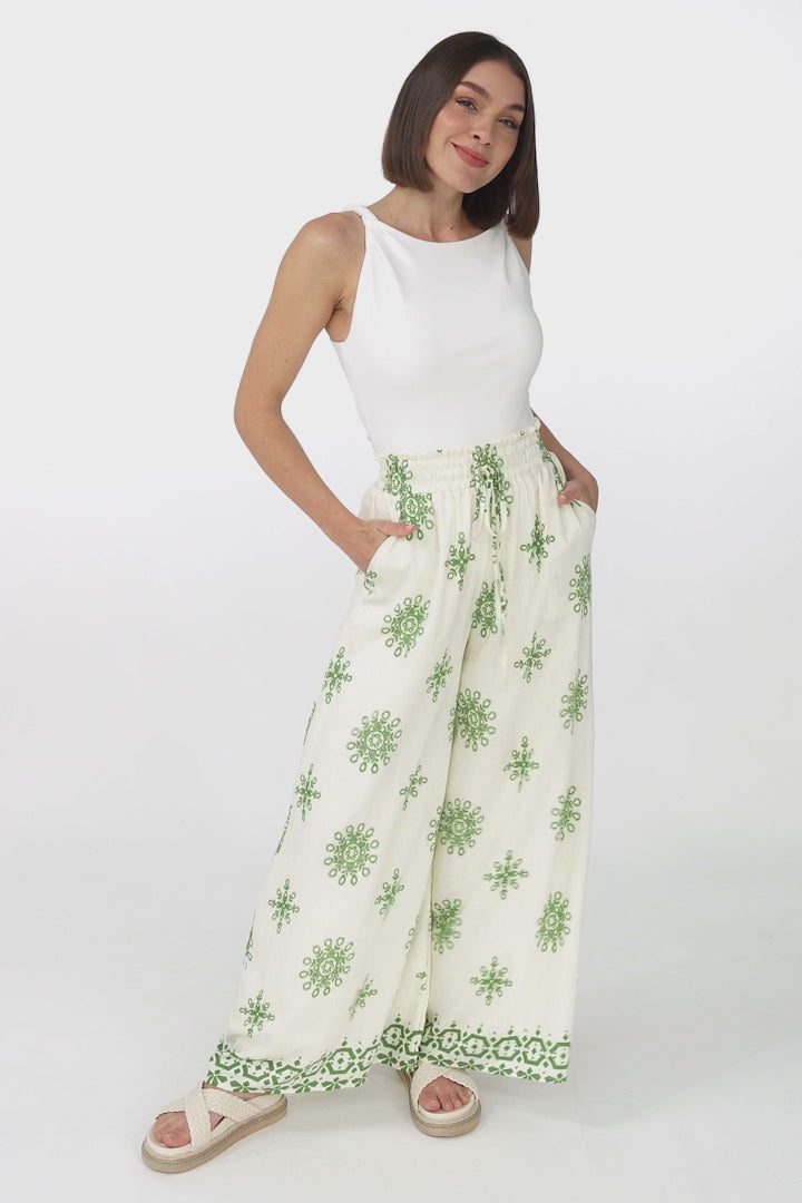 Velman Pants - High Waisted Wide Leg Pants in Capra Print Green