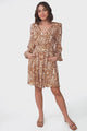 Lyna Mini Dress -  A Line Dress with Statement Rattan Buckle Belt in Kara Print Brown