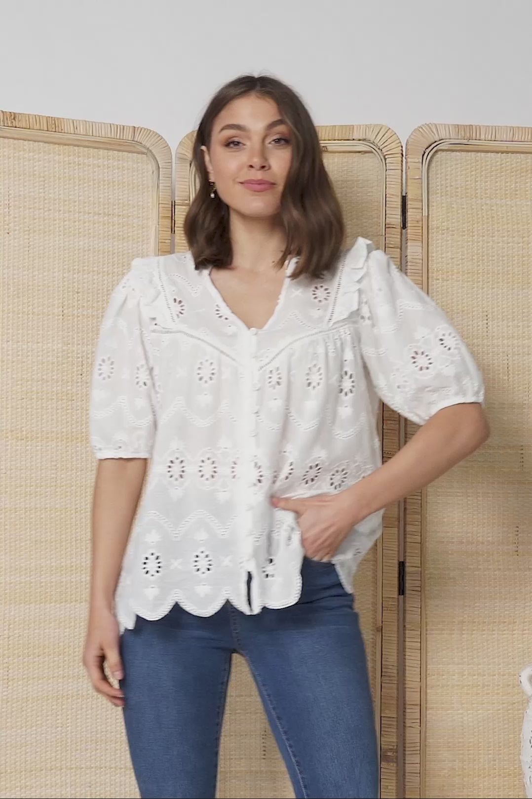 Karine Top - Mandarin Collar Embroiled Button Down in White