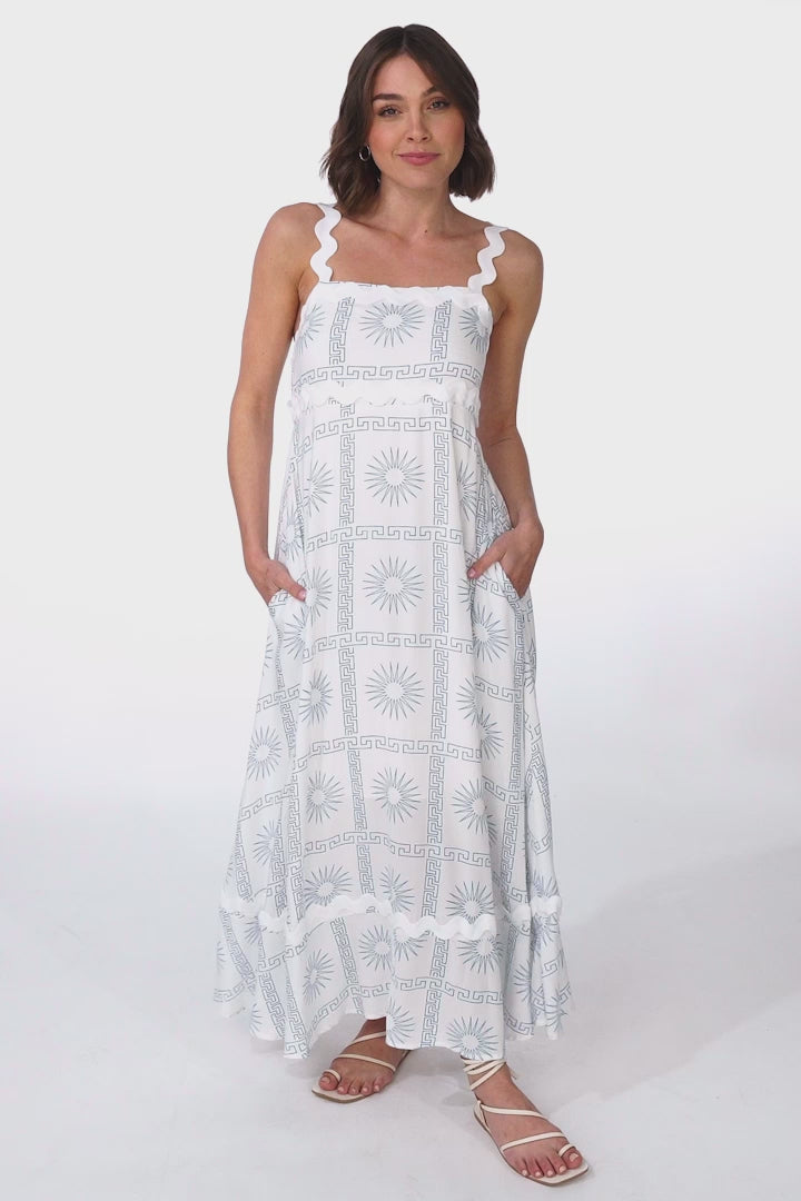 Bailie Maxi Dress - Rick Rack Detailed Sun Dress with Pockets Astra Print in White