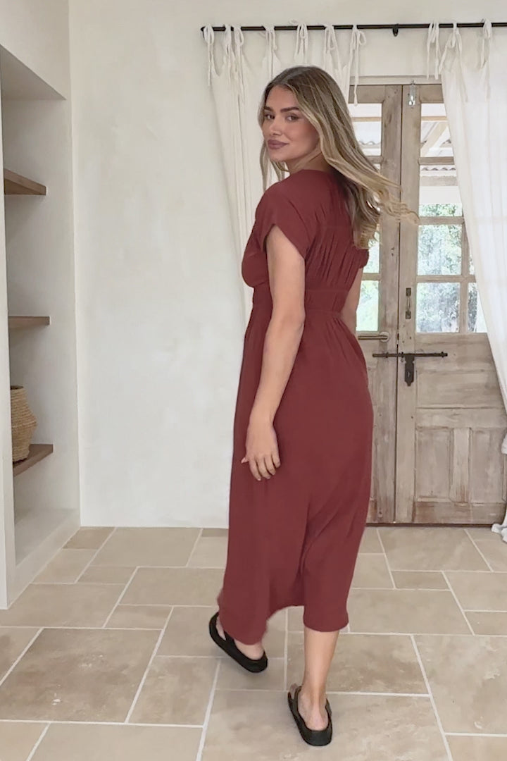 Torin Midi Dress - Gathered and Piping Detailed A-Line Dress with a V-Neckline in Rust