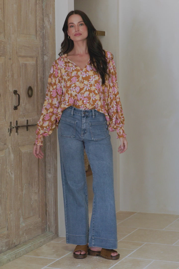 Moree Blouse - Frill Collar Neck Tie Button Down Shirt in Elixir Print