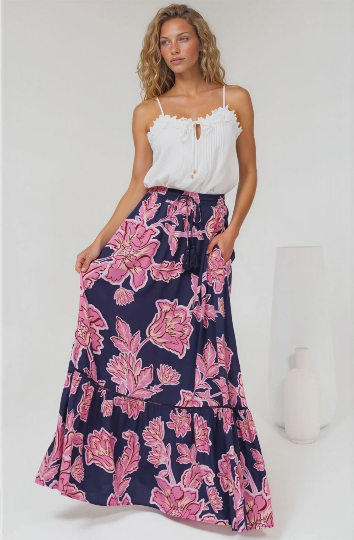 Amana Maxi Skirt - Tiered Skirt with Ladder Lace Insert Splicing in Kalia Print Navy