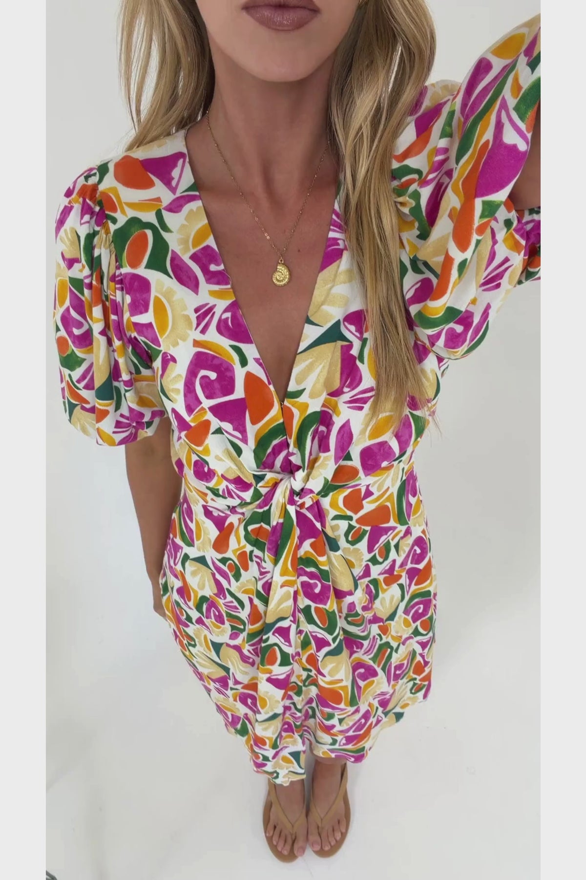 Lilibet Mini Dress - Twist Front Bodice Dress with Short Puff Sleeves in Danica Print