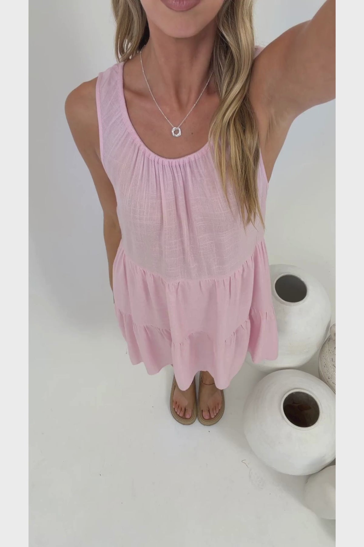 Stevie Mini Dress - Scoop Neck Tiered Sleeveless Dress with Pockets in Pink