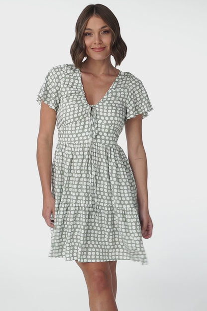 Lilly Mini Dress - Adjustable V Neckline Dress with Cap Sleeves in Maryanne Print Green
