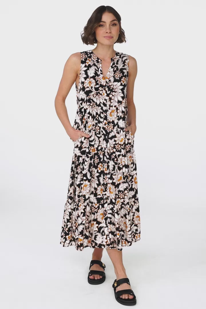 Acelle Midi Dress - Sleeveless Bermuda Collar Button Down Dress in Torah Print