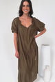 Cristina Maxi Dress - On or Off Shoulder Tiered Shift Dress with Neck Tie Detail in Tan