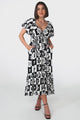 Nielly Midi Dress - V Neck Tie Bust A Line Dress with Balloon Sleeves in Kolby Print Black