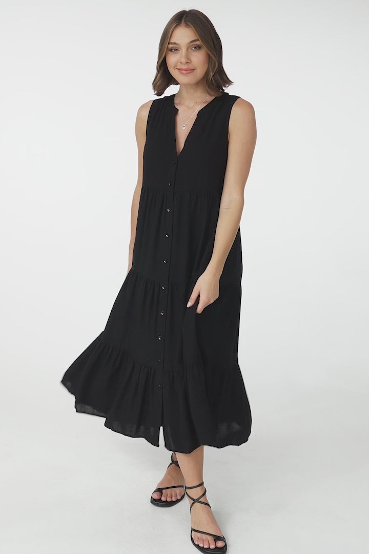 Fifi Linen Midi Dress - Mandarin Collar Sleeveless Button Down Dress in Black