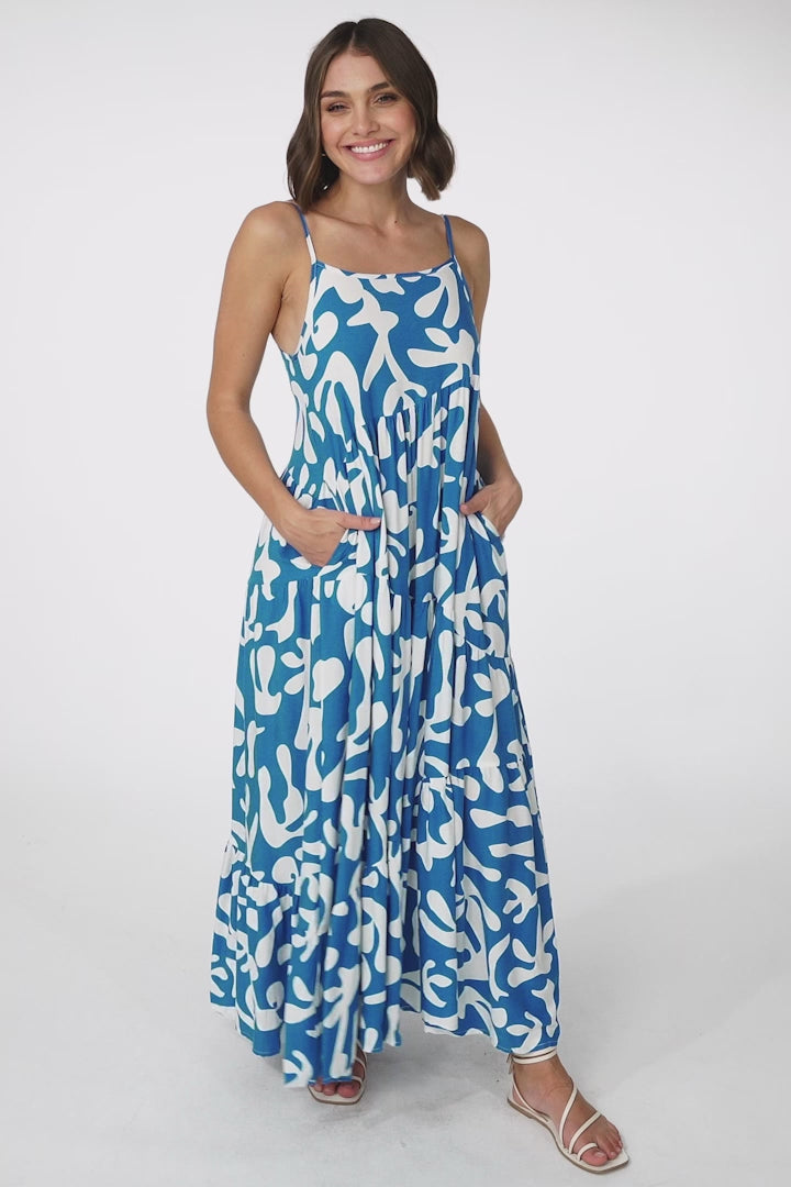 Kana Maxi Dress - Spaghetti Strap Asymmetric Tiered Dress in Jaxie Print Blue