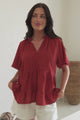 Ellery Top - Mandarin Collar Smock Top with Ladder Lace Insert Splicing in Rust