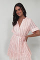 Wyanna Mini Dress - Mandarin Collar Button Down Tiered Dress with Waist Tie in Peach