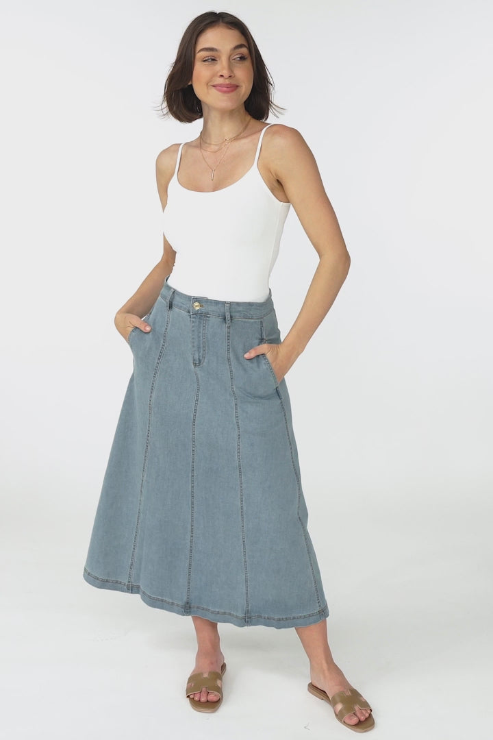 Delta Denim Midi Skirt - A Line Skirt with Contrast Stitching in Blue Denim