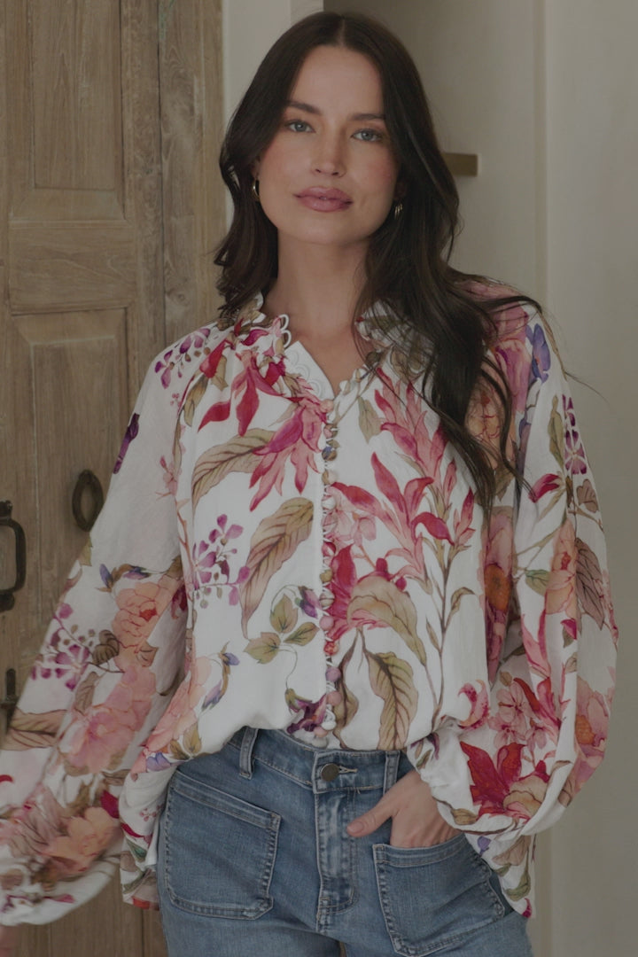 Portia Blouse - Button Down Mandarin Collar Shirt in Windward Print