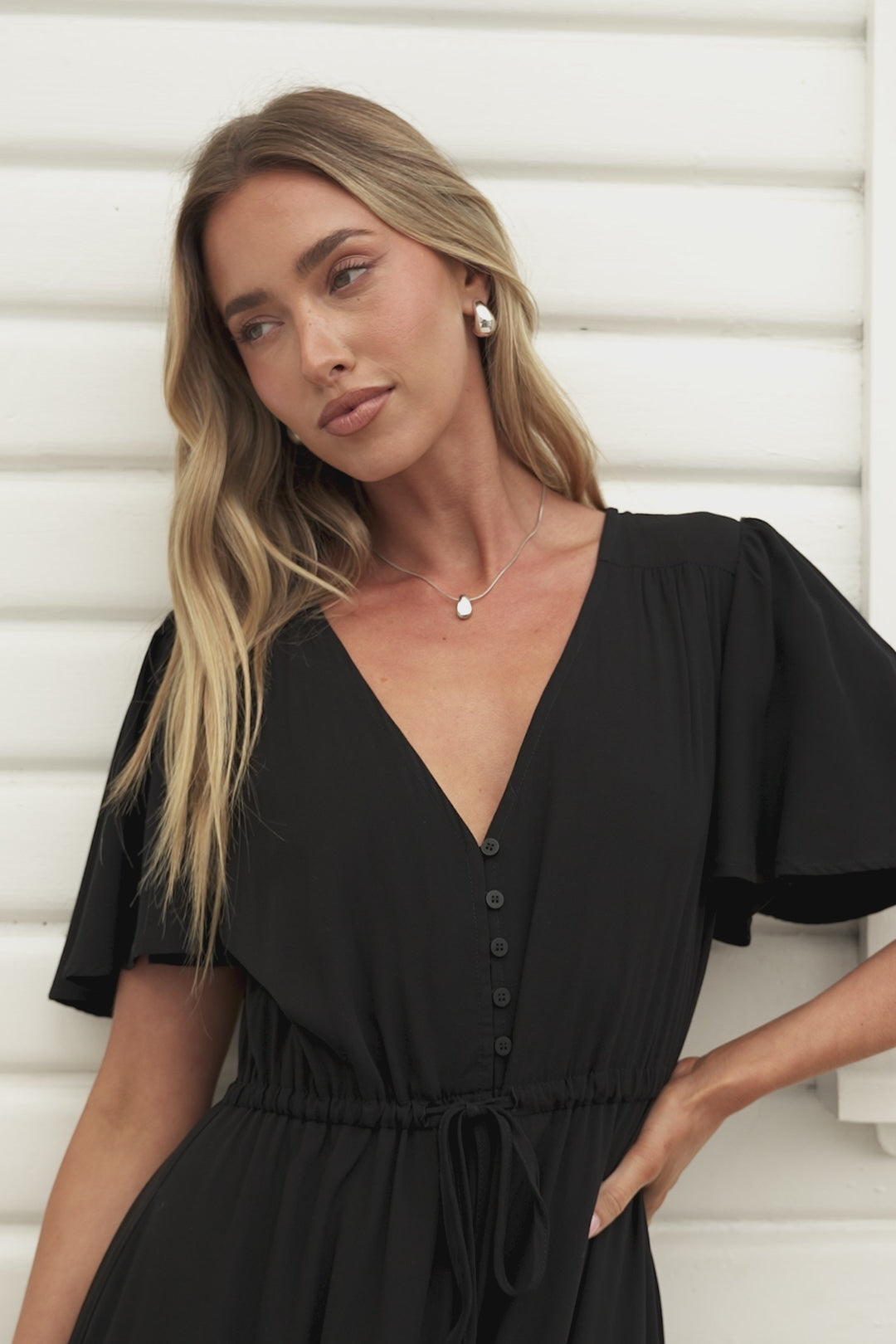Anya Maxi Dress - Flutter Cap Sleeve Pull Tie Waist Dress in Black