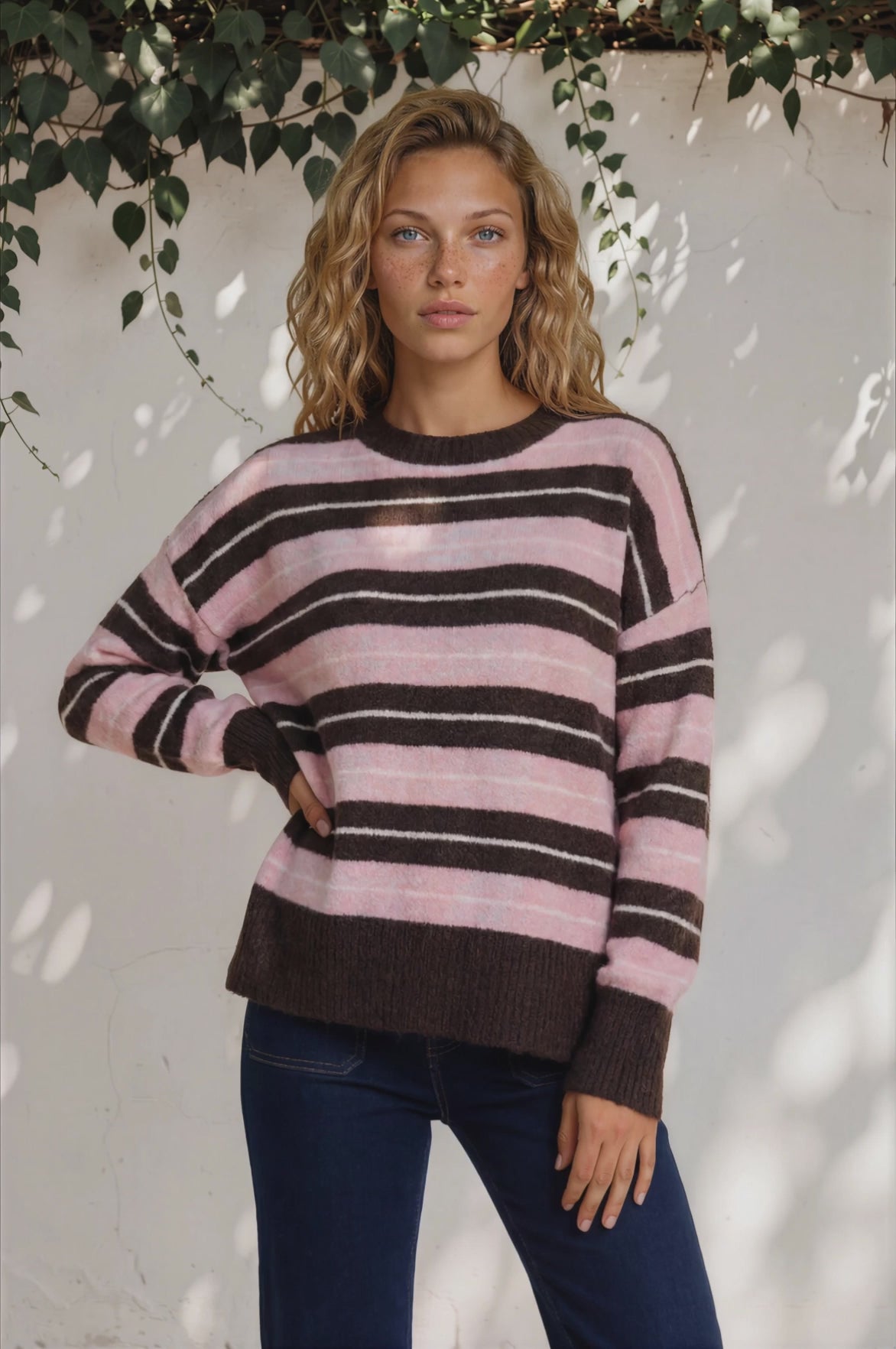 Fowley Jumper - Crew Neck Stripe Knit with Step Hem in Pink/Chocolate