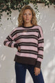 Fowley Jumper - Crew Neck Stripe Knit with Step Hem in Pink/Chocolate