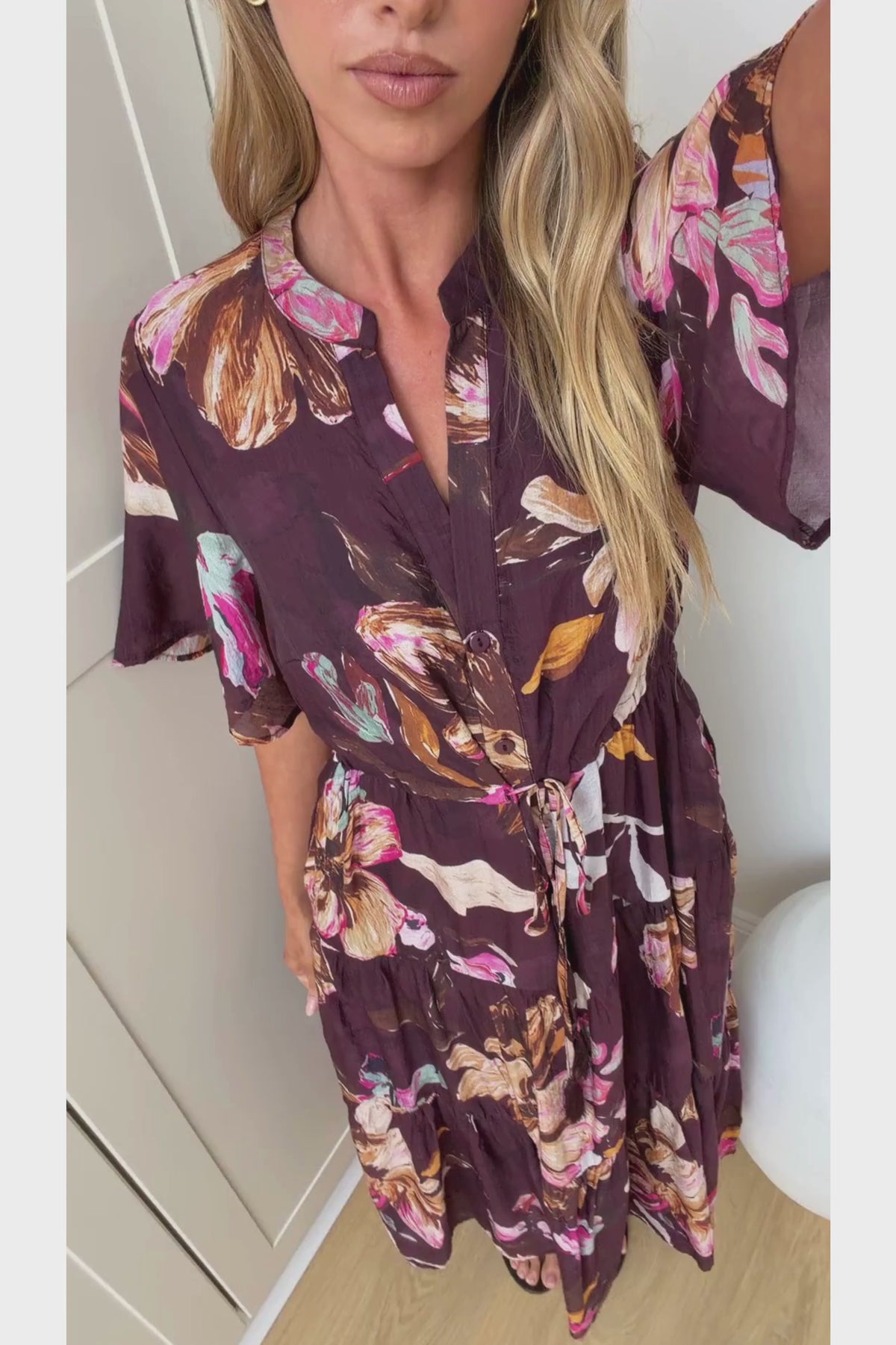 Aster Midi Dress - Mandarin Collar V Neck Tiered Shirt Dress with Waist Tie in Larkspur Print