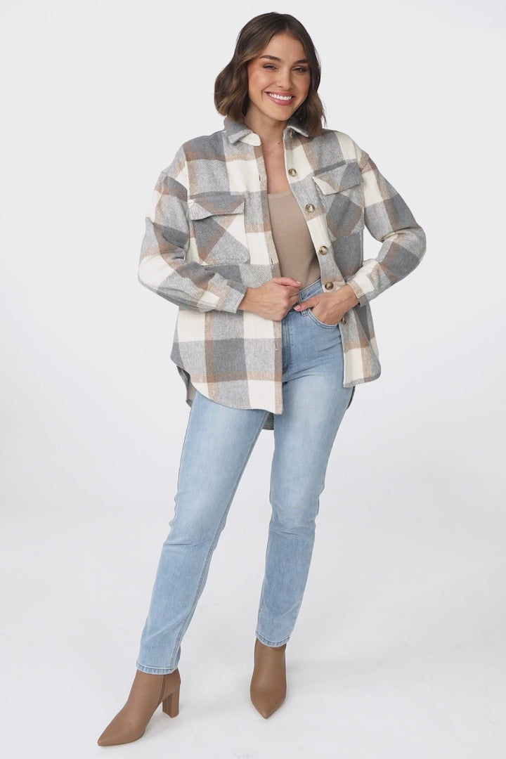 Chara Shacket - Button Up Plaid Shacket in Grey