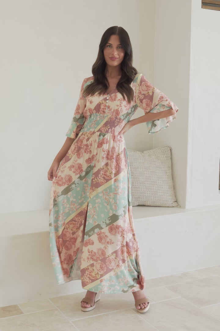Alba Maxi Dress - Buttoned Bodice A Line Dress With Flute Sleeves In Clavelle Print
