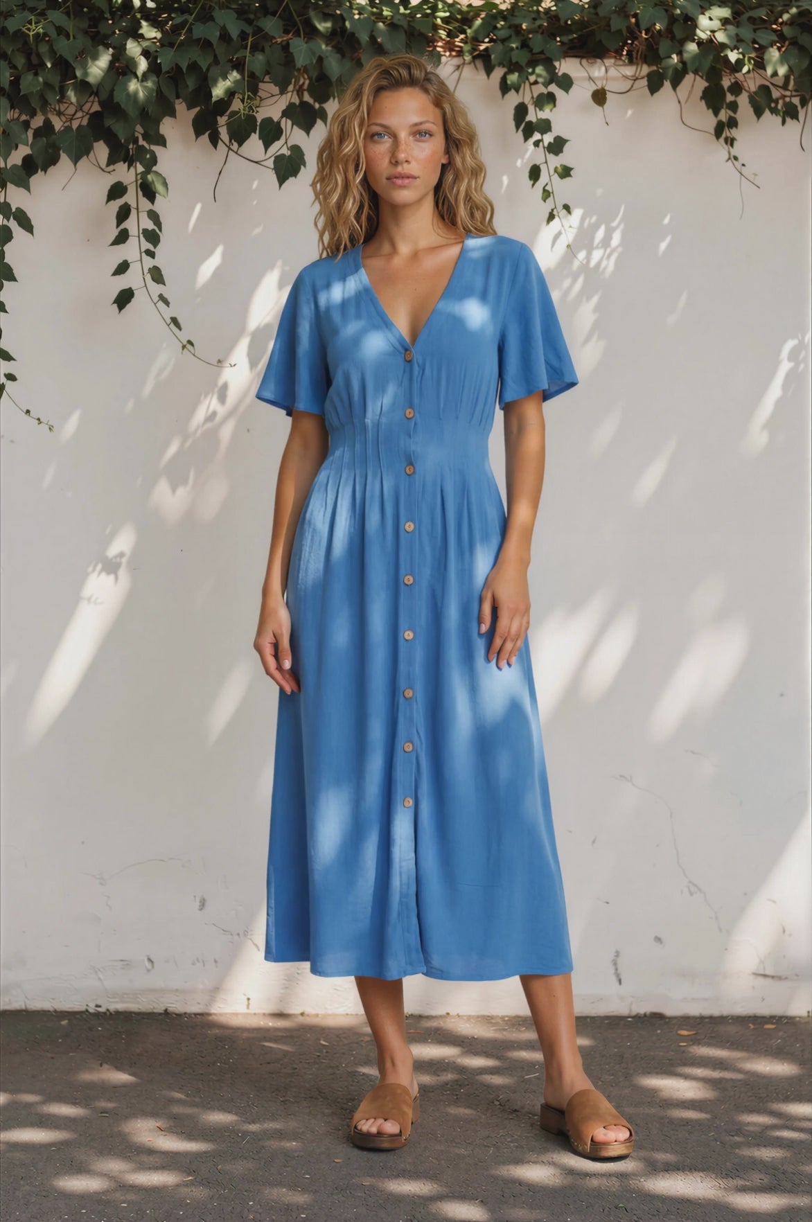Cyan Midi Dress  - V Neckline Dress in Sky Blue
