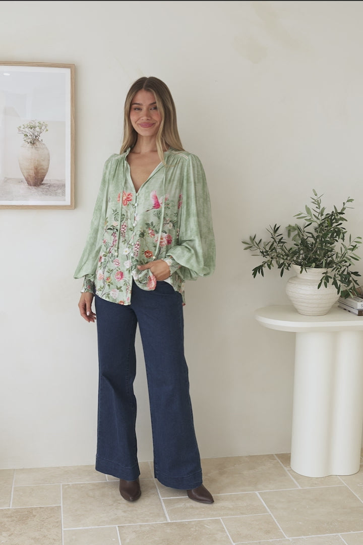 Violet Blouse - Frill Collar Button Down Balloon Sleeve Blouse in Ferngully Print