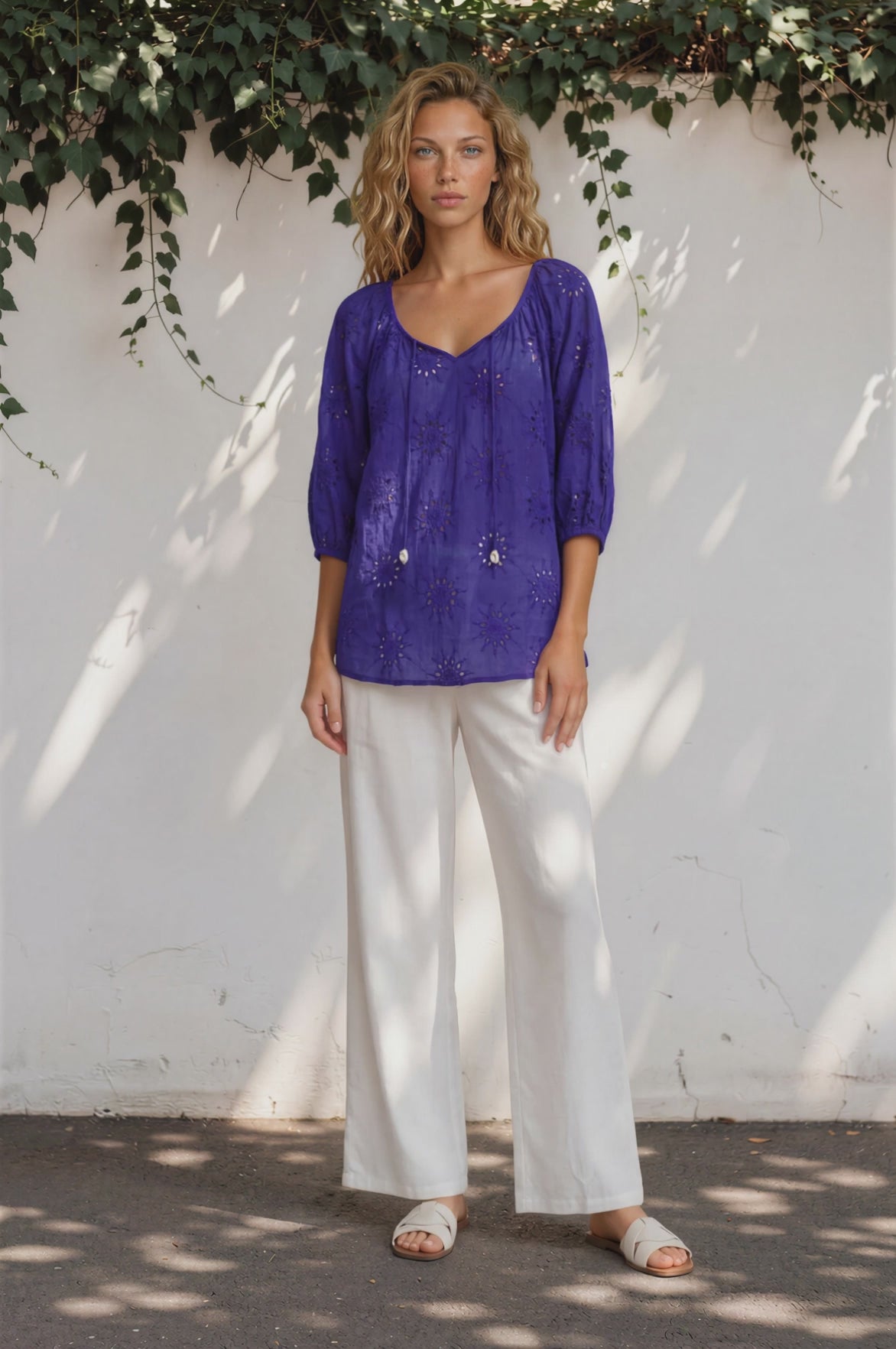 Blanche Blouse - Hollow out Embroidered Top in Royal Blue
