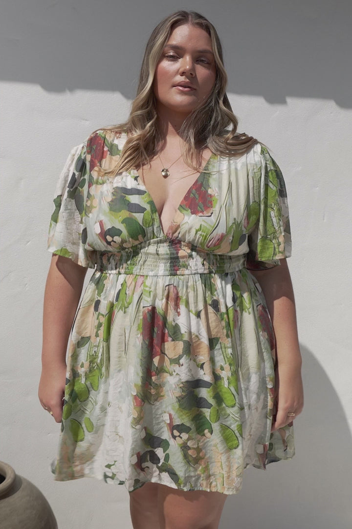 Glades Mini Dress - V Neck Shirred Waist A Line Dress in Kamara Print Green