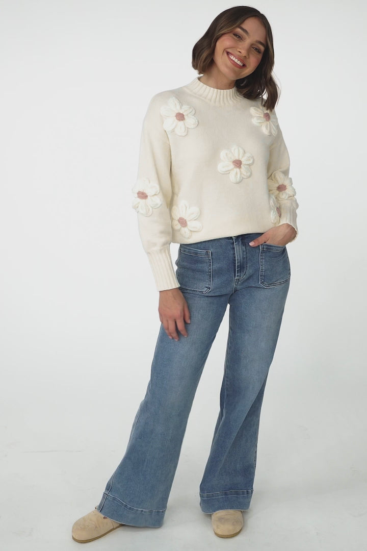 Blossom Jumper - Wool Blend Flower Decal Jumper in Beige