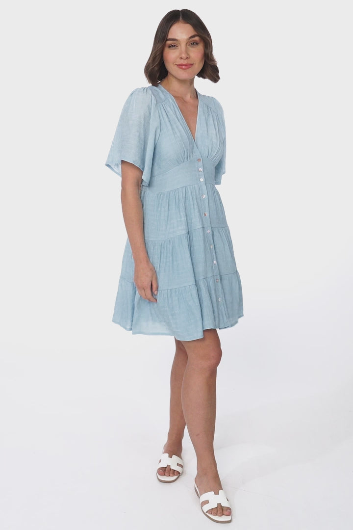 Aalia Mini Dress - Short Cape Sleeve Button Down V-Neck Dress in Blue