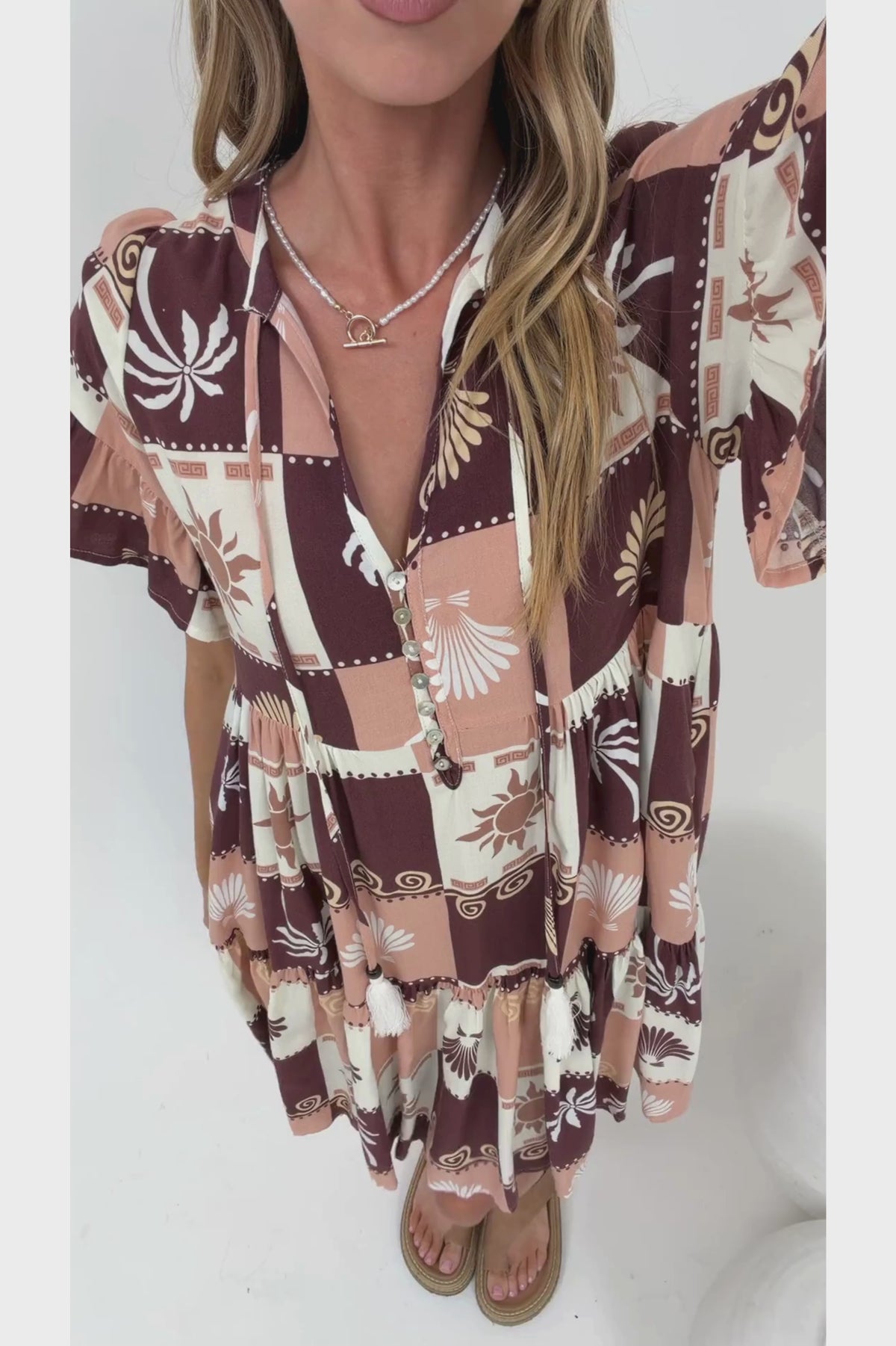 Abilia Mini Dress - Mandarin Collar Smock Dress in Serena Print Tan