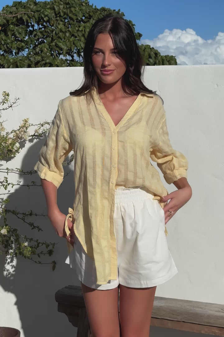 Beachly Mesh Shirt - Cotton Mesh Stripe Relaxed Button Down Shirt in Yellow