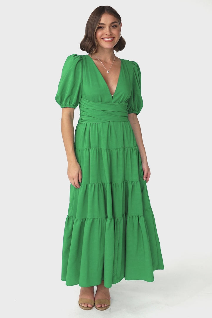 Sarelle Midi Dress - V Neck A Line Pleated Waistline Tiered Dress in Green