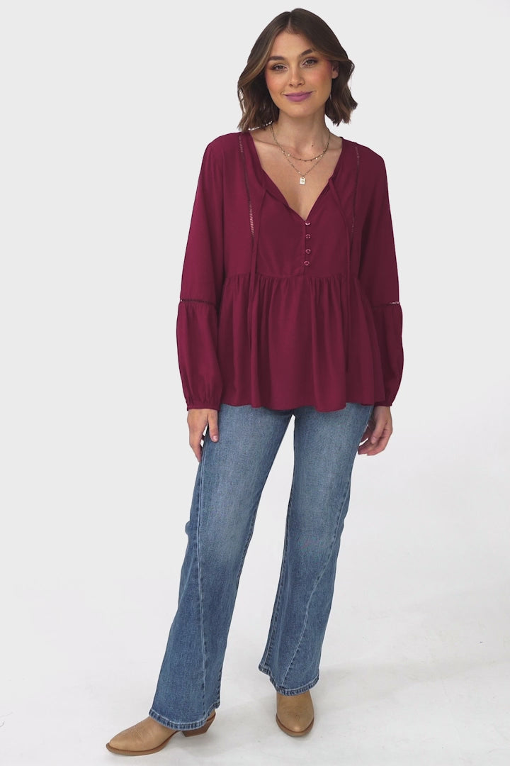 Alexia Top - V Neck Smock Top with Crochet Insert Details in Wine