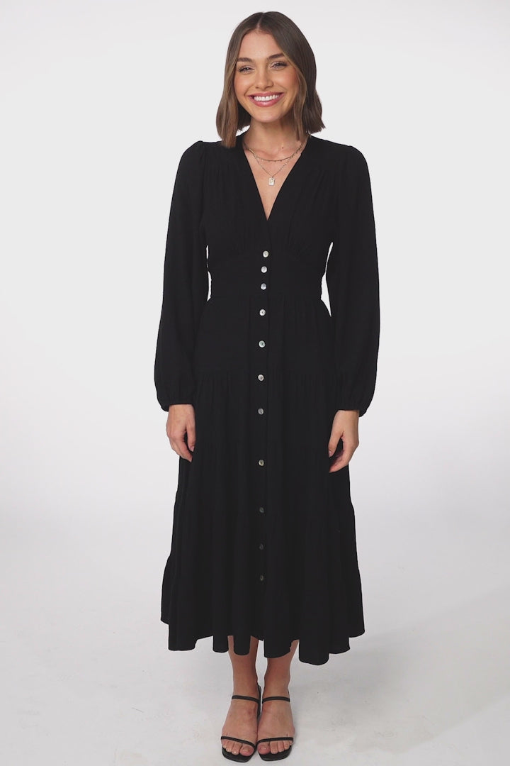 Bello Midi Dress - Button Through A Line Dress with Balloon Sleeves in Black