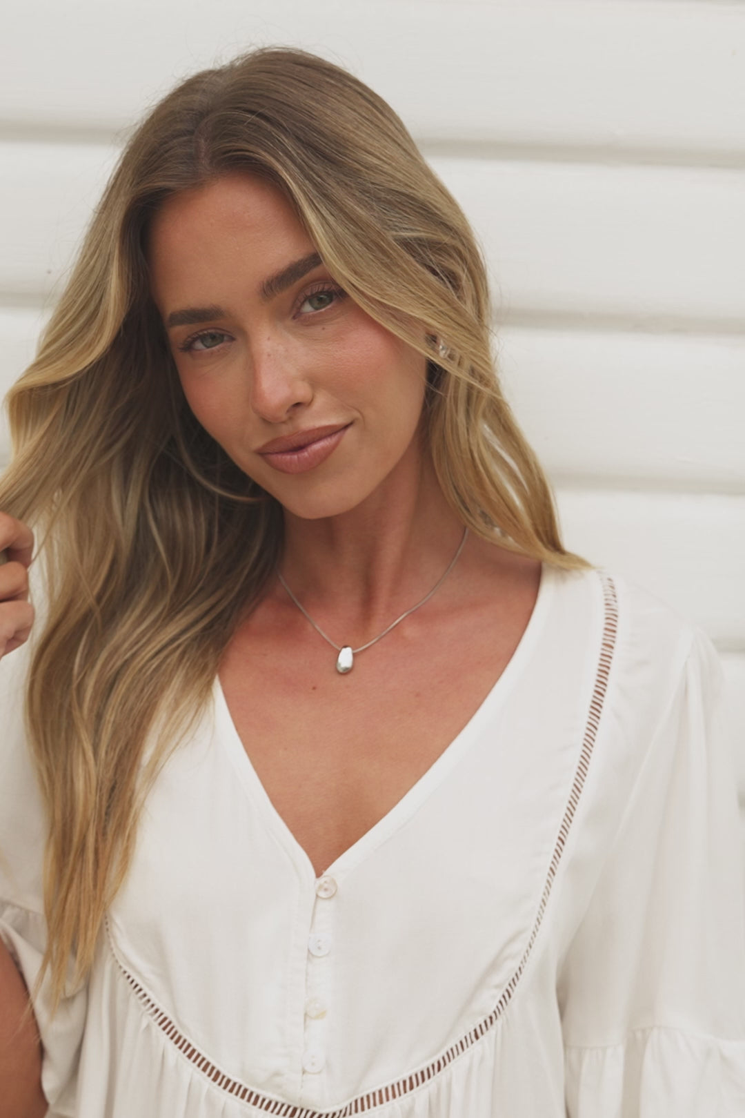 Candara Top - V Neck Ladder Trim Top with Ruffle-cuff Sleeves in White