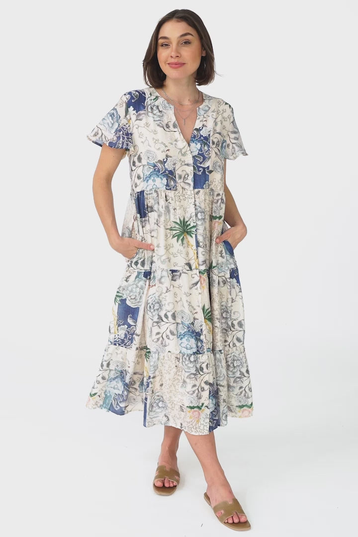 Milla Midi Dress - Tiered Button Down Dress in Irina Print Blue