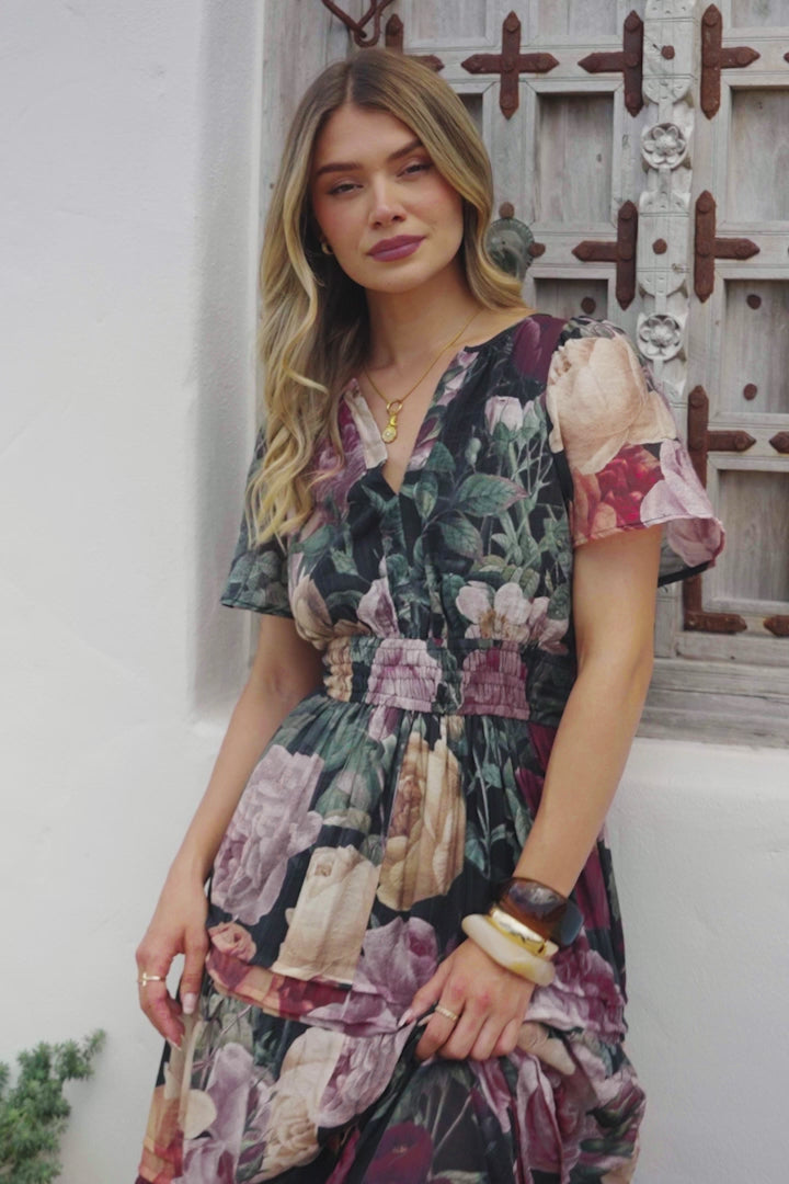 Payton Maxi Dress - Pleat Detailed A-Line Dress with Cap Flutter Sleeves in Annalisa Print