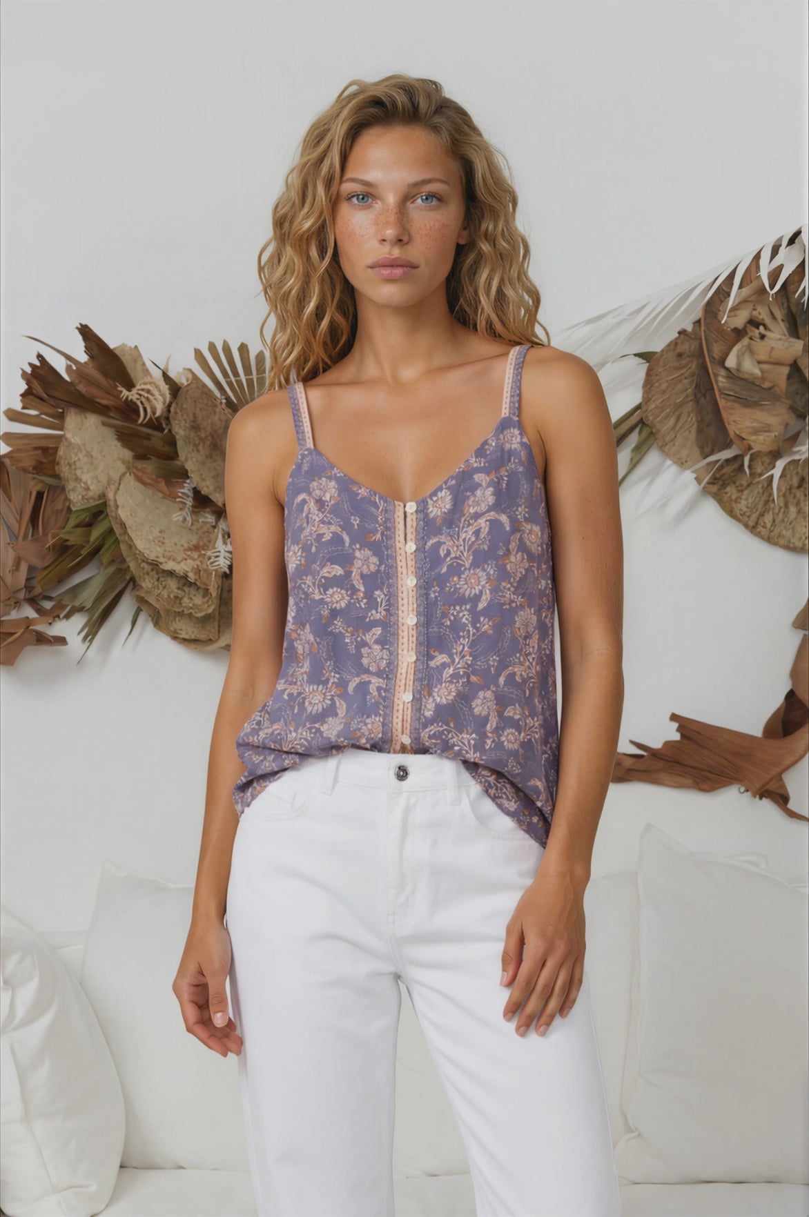 Caty Top - Adjustable Strap Buttoned Down Cami in Lennie Print
