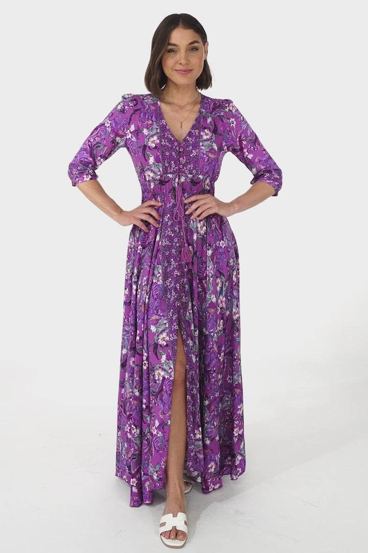 JAASE - Indiana Maxi Dress: Lace Back Shirred Waist A Line Dress with Handkercheif Hemline in Rhodium Print