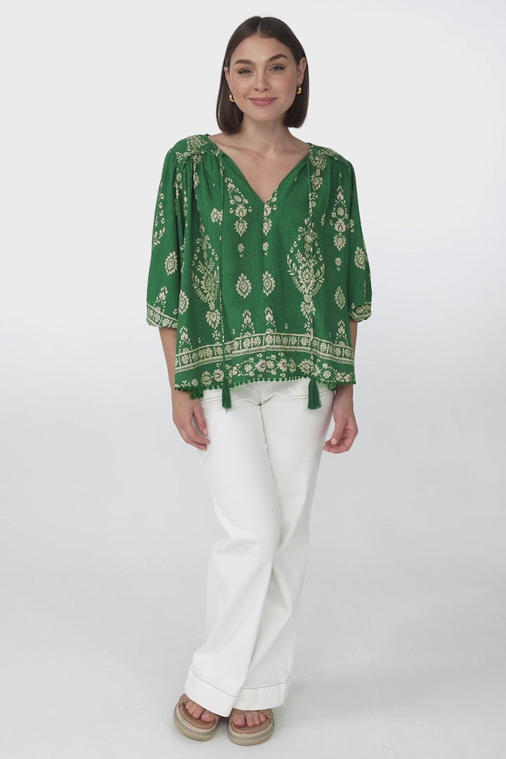 JAASE - Rue Top: V Neck Smock Top with Crochet Trim in Kiva Print