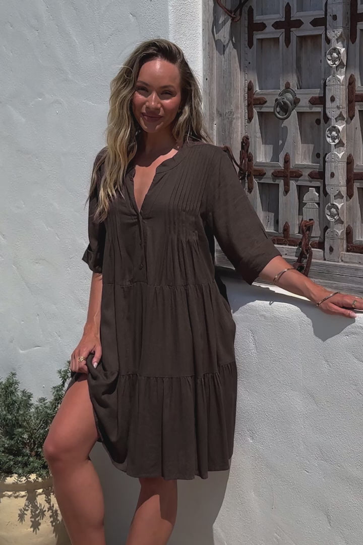 Ayva Mini Dress - 3/4 Sleeve Tiered Smock Dress in Chocolate