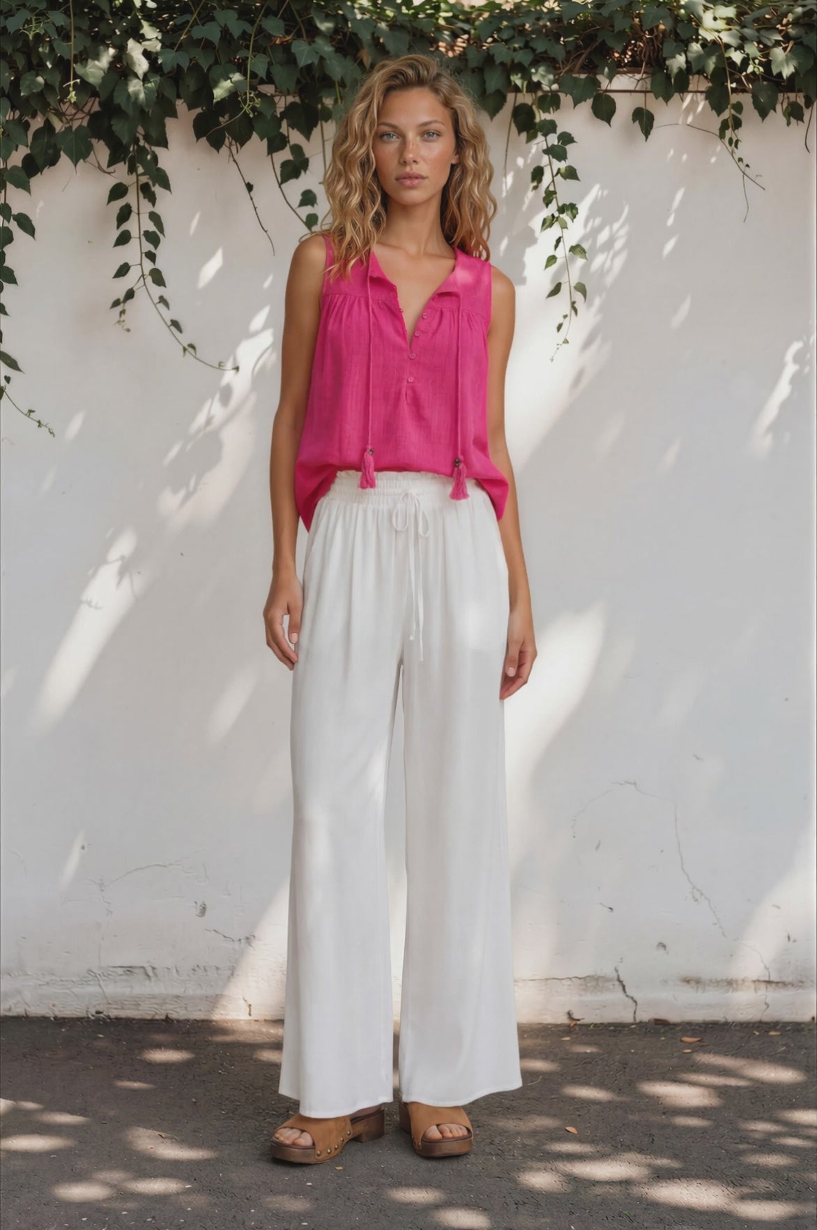 Kalari Top - Sleeveless Mandarin Collar with Tassel & Bells Neck Tie in Pink