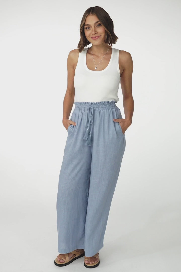 Levelle Pants - Linen Blend Paper Bag Waist with Drawstring Wide Leg Pants with Pockets in Cloudy Blue