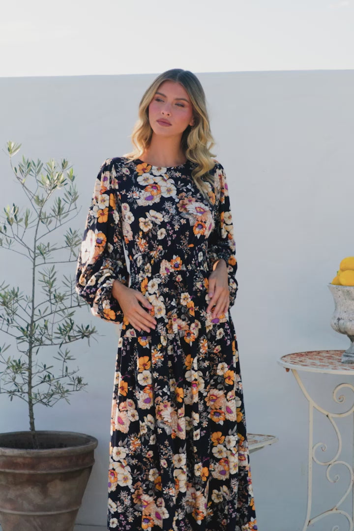 Sheyne Maxi Dress - Long Balloon Sleeve Elasicated Waist A Line Dress in Autumn Print