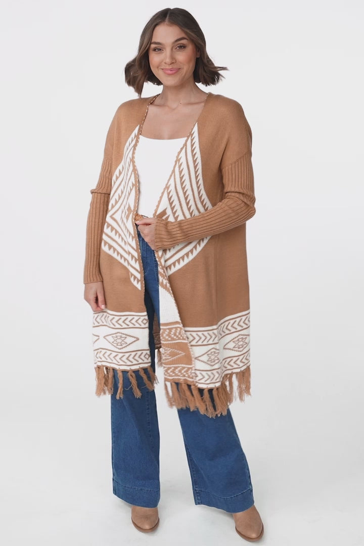 Amos Cardigan - Open Front Cardigan with Tassel Hem in Camel