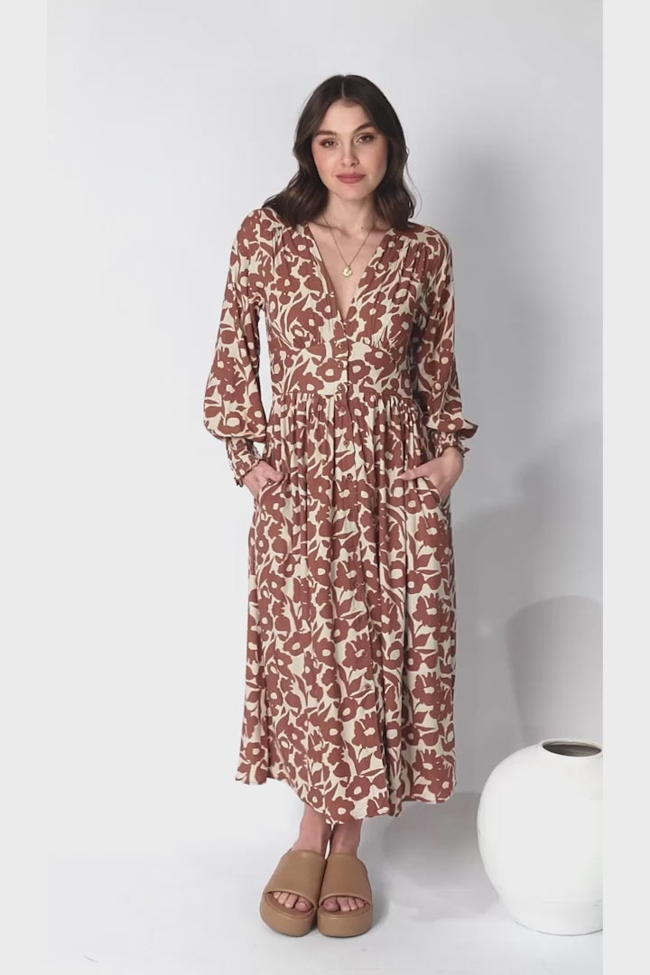 Jolie Midi Dress - V Neck Button Down Dress in Emma-Jade Brown